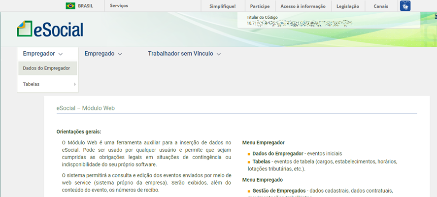 Home da área logada do portal web do eSocial