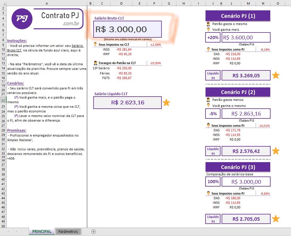 PrintScreen da Calculadora CLT x PJ do Contrato PJ. Só precisa de uma informação.