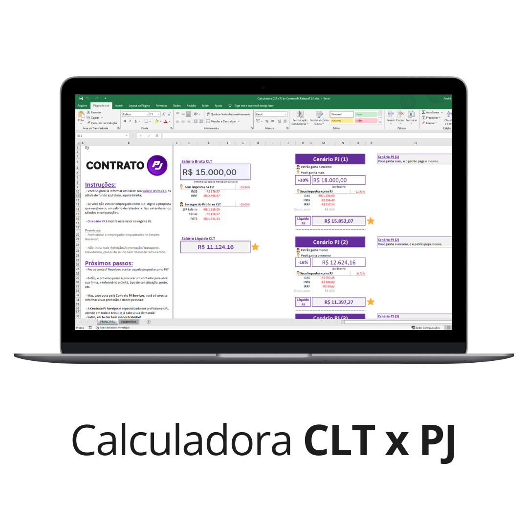 Calculadora CLT x PJ - Simples Nacional - com fator R, INSS, Pro Labore e Imposto de Renda - by Contrato PJ